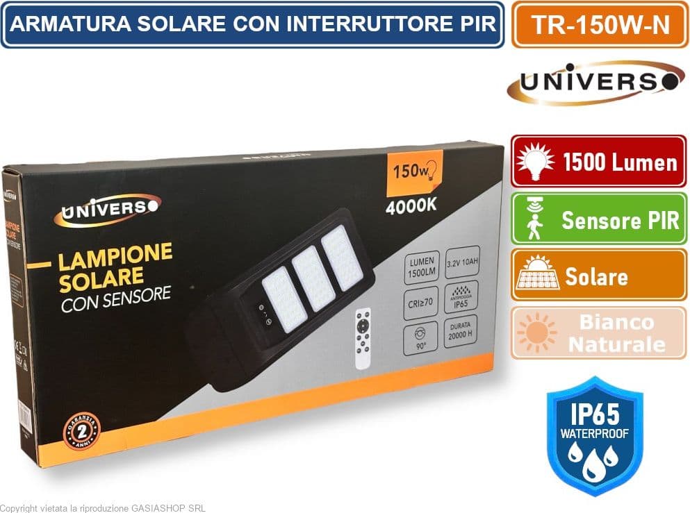 UNIVERSO TR-150W-N LAMPIONE STRADALE LED 150W EQUIVALENTI CON PANNELLO SOLARE FOTOVOLTAICO E SENSORE DI MOVIMENTO IP65 1500 LUMEN - 4