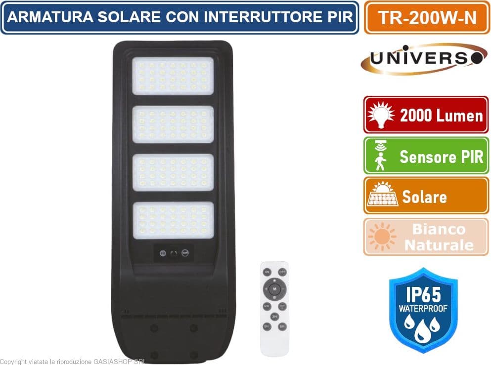 UNIVERSO TR-200W-N LAMPIONE STRADALE LED 200W EQUIVALENTI CON PANNELLO SOLARE FOTOVOLTAICO E SENSORE DI MOVIMENTO IP65 2000 LUMEN - 2