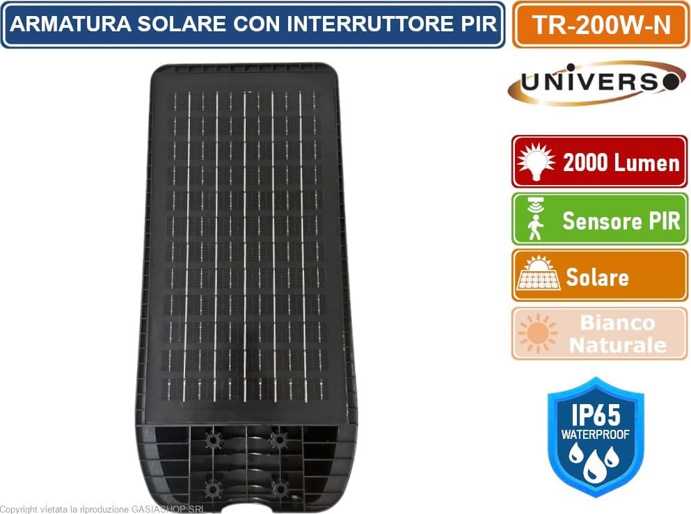 UNIVERSO TR-200W-N LAMPIONE STRADALE LED 200W EQUIVALENTI CON PANNELLO SOLARE FOTOVOLTAICO E SENSORE DI MOVIMENTO IP65 2000 LUMEN - 3