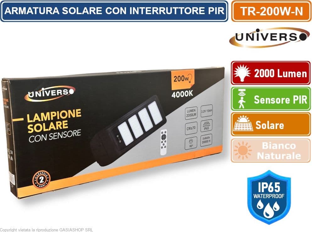 UNIVERSO TR-200W-N LAMPIONE STRADALE LED 200W EQUIVALENTI CON PANNELLO SOLARE FOTOVOLTAICO E SENSORE DI MOVIMENTO IP65 2000 LUMEN - 4