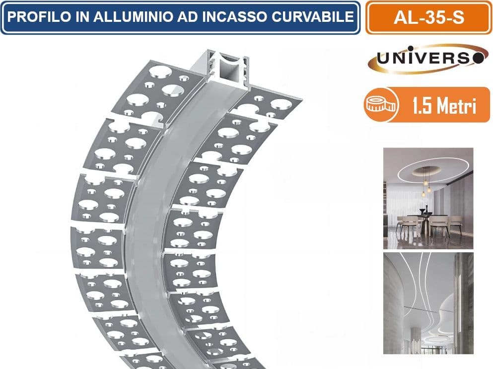 UNIVERSO AL-35-S PROFILO IN ALLUMINIO FLESSIBILE E CURVABILE AD INCASSO 1,5 METRI PER STRIP LED MAX 12.6MM - 2