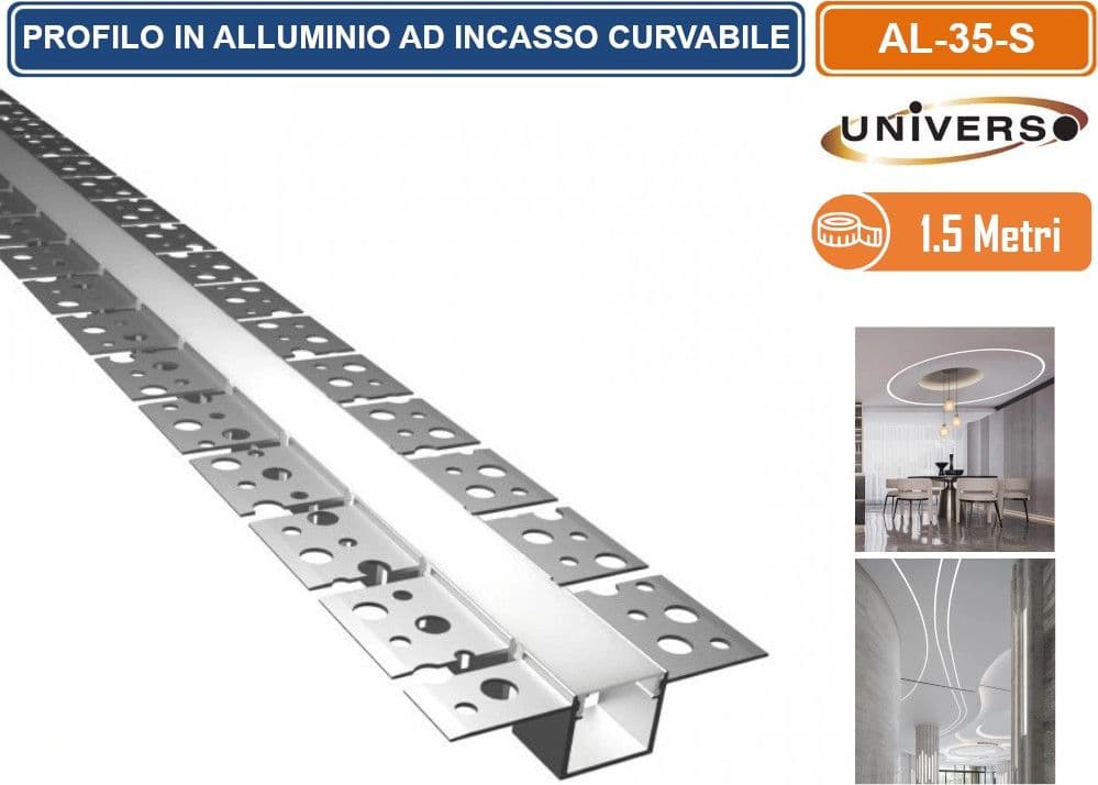 UNIVERSO AL-35-S PROFILO IN ALLUMINIO FLESSIBILE E CURVABILE AD INCASSO 1,5 METRI PER STRIP LED MAX 12.6MM - 3