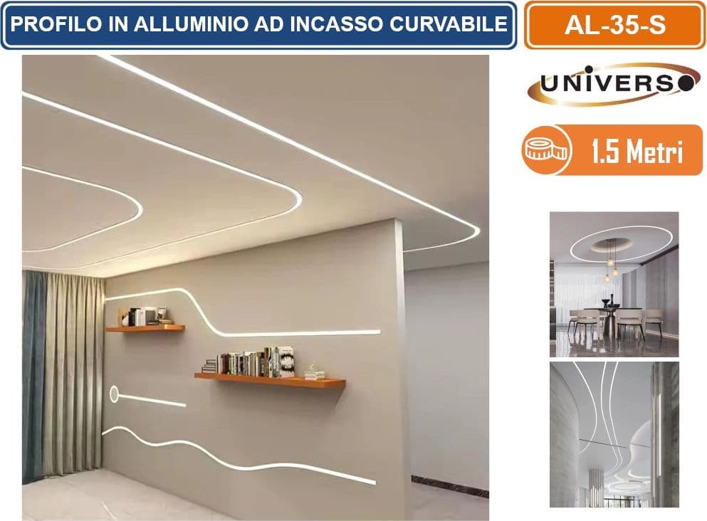 UNIVERSO AL-35-S PROFILO IN ALLUMINIO FLESSIBILE E CURVABILE AD INCASSO 1,5 METRI PER STRIP LED MAX 12.6MM - 4