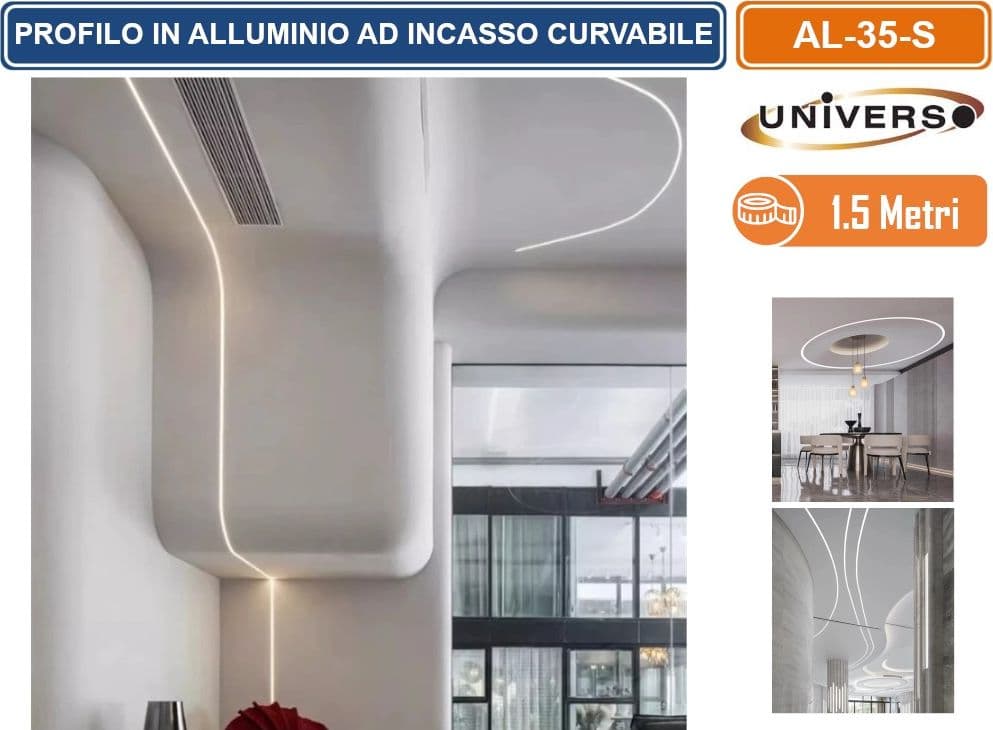 UNIVERSO AL-35-S PROFILO IN ALLUMINIO FLESSIBILE E CURVABILE AD INCASSO 1,5 METRI PER STRIP LED MAX 12.6MM - 5
