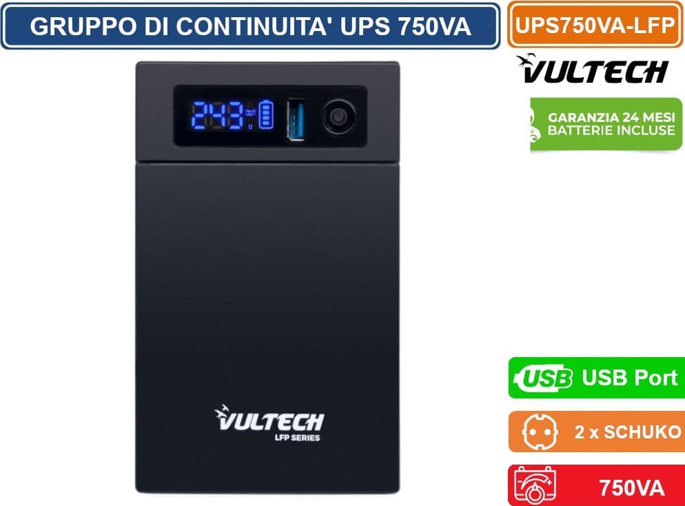 VULTECH UPS GRUPPO DI CONTINUITA' LINE INTERACTIVE LED CON BATTERIE LITIO-FERRO FOSFATO 750VA USB BIPASSO SCHUKO - 2