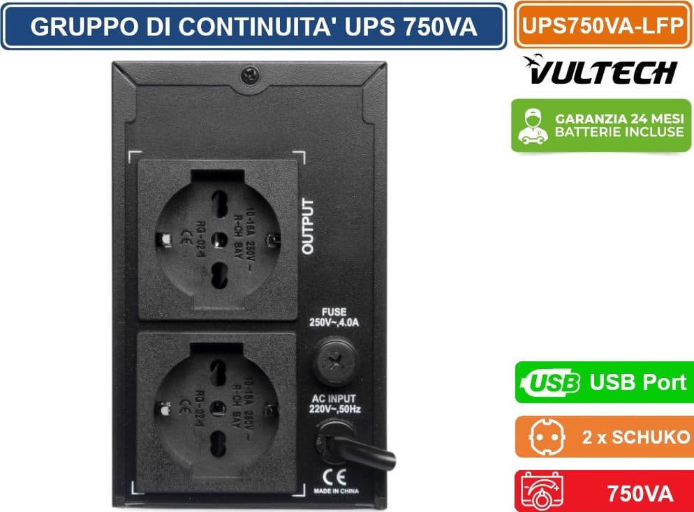 VULTECH UPS GRUPPO DI CONTINUITA' LINE INTERACTIVE LED CON BATTERIE LITIO-FERRO FOSFATO 750VA USB BIPASSO SCHUKO - 3