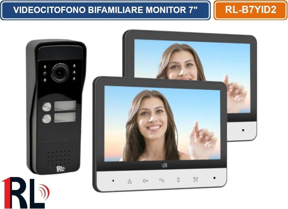KIT VIDEOCITOFONO BIFAMILIARE DUE PULSANTI DOPPIO MONITOR A COLORI 7" APERTURA ELETTROSERRATURA