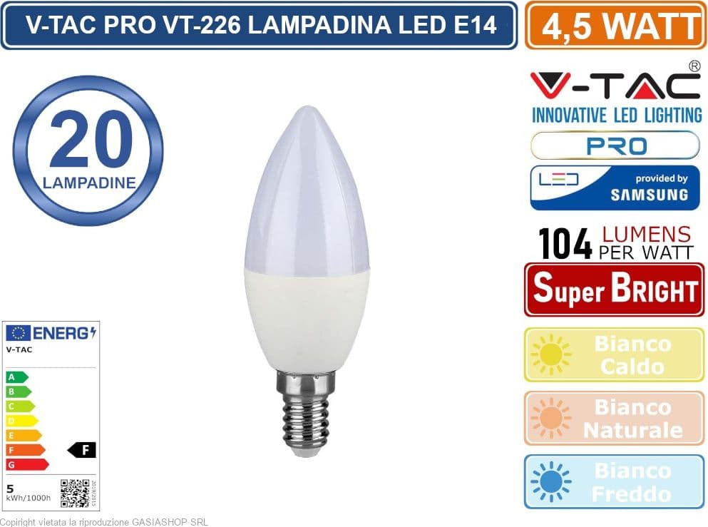 CONFEZIONE 20 PEZZI V-TAC PRO VT-226 LAMPADINA LED E14 4,5W CANDELA CHIP SAMSUNG - SKU 21171 / 21172 / 21173
