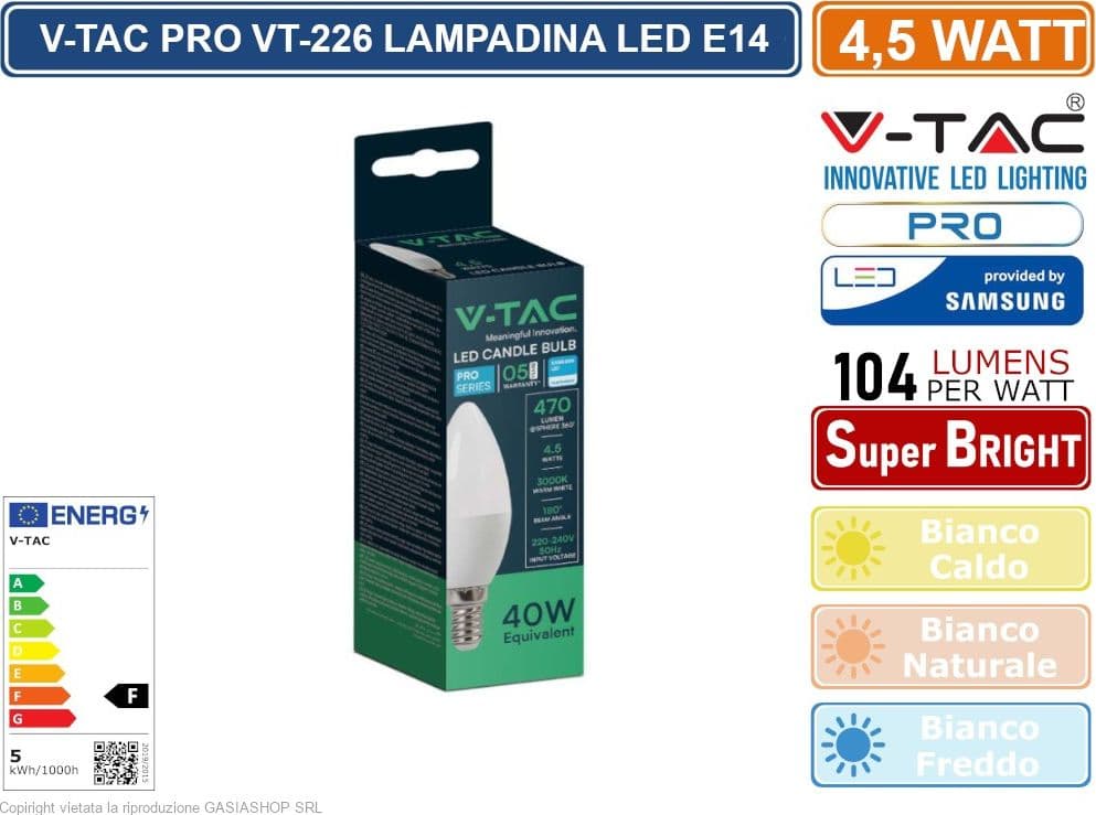 CONFEZIONE 20 PEZZI V-TAC PRO VT-226 LAMPADINA LED E14 4,5W CANDELA CHIP SAMSUNG - SKU 21171 / 21172 / 21173 - 2