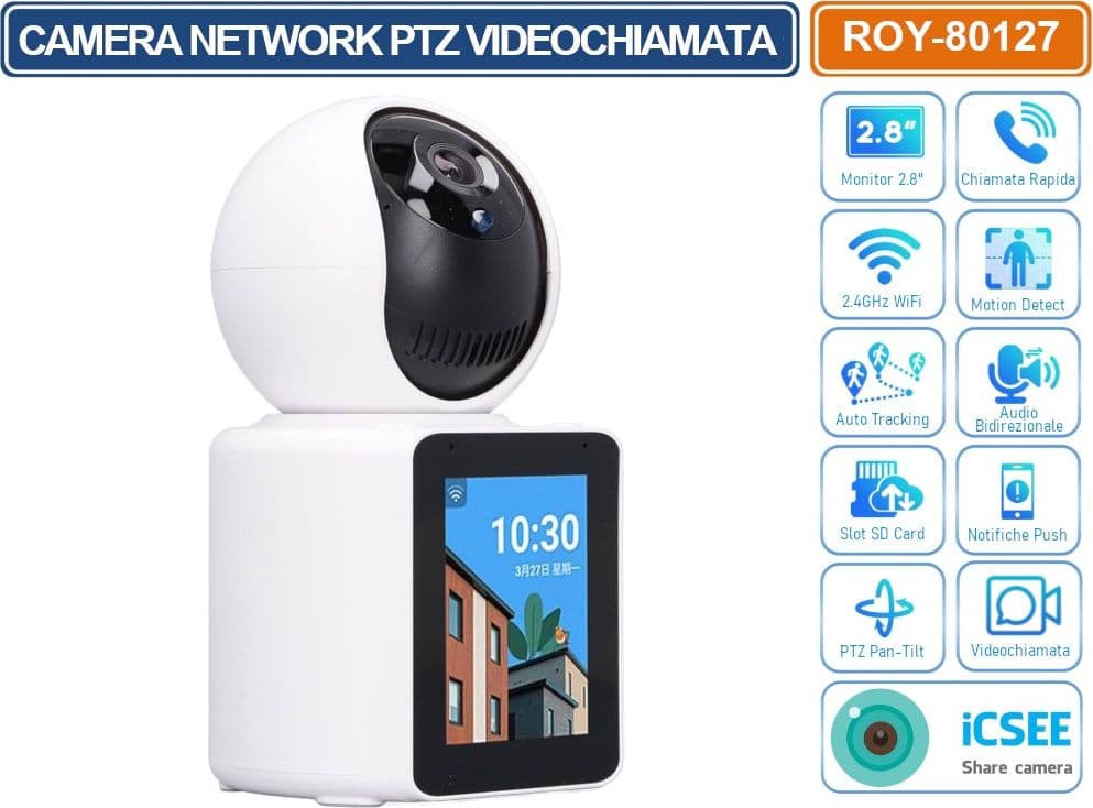 TELECAMERA IP NETWORK WIFI CON MONITOR 2.8" VIDEOCHIAMATA HUMAN AUTOTRACKING P2P ICSEE - 2