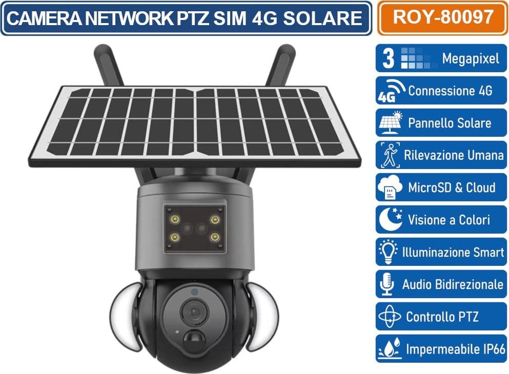 TELECAMERA IP NETWORK SPEED DOME PTZ 3 MEGAPIXEL SIM 4G CON PANNELLO SOLARE ANALISI INTELLIGENTE FULL COLOR IP66 - 2