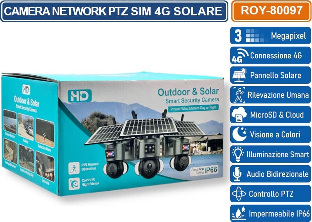 TELECAMERA IP NETWORK SPEED DOME PTZ 3 MEGAPIXEL SIM 4G CON PANNELLO SOLARE ANALISI INTELLIGENTE FULL COLOR IP66 - 3
