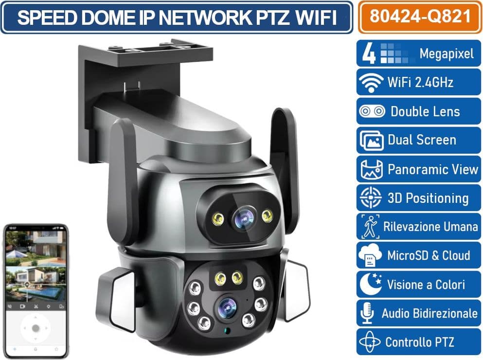 TELECAMERA SPEED DOME PTZ WIFI 4 MP DOUBLE LENS AUTOTRACKING RICONOSCOMENTO UMANO AUDIO BIDIREZIONALE COMPATIBILE ONVIF IP66