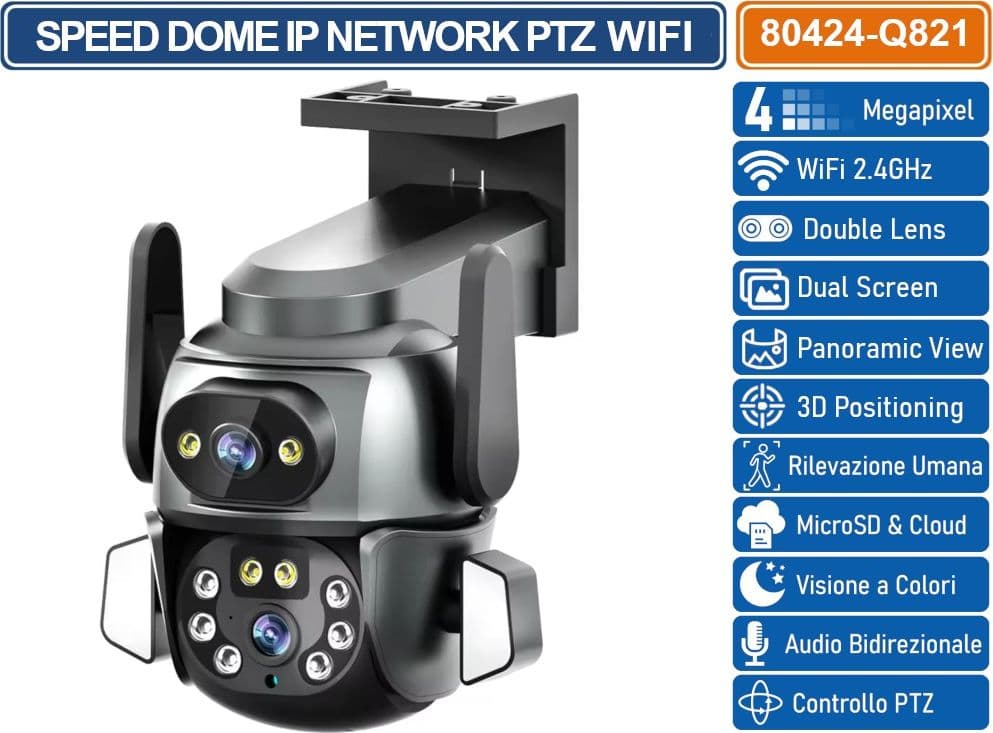 TELECAMERA SPEED DOME PTZ WIFI 4 MP DOUBLE LENS AUTOTRACKING RICONOSCOMENTO UMANO AUDIO BIDIREZIONALE COMPATIBILE ONVIF IP66 - 2