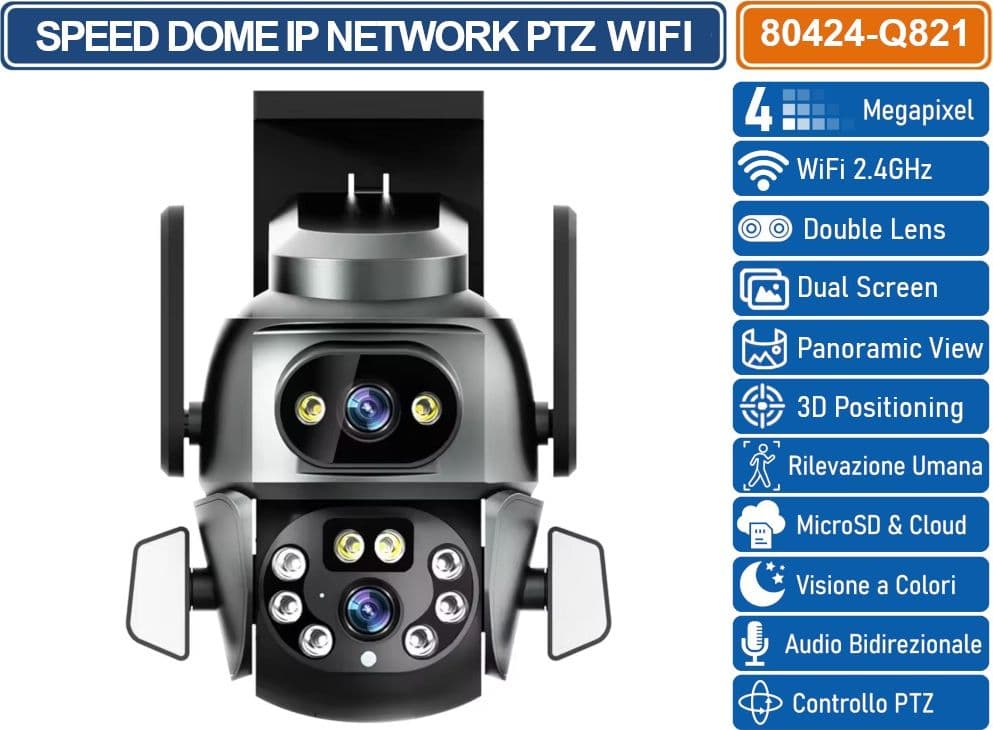 TELECAMERA SPEED DOME PTZ WIFI 4 MP DOUBLE LENS AUTOTRACKING RICONOSCOMENTO UMANO AUDIO BIDIREZIONALE COMPATIBILE ONVIF IP66 - 3