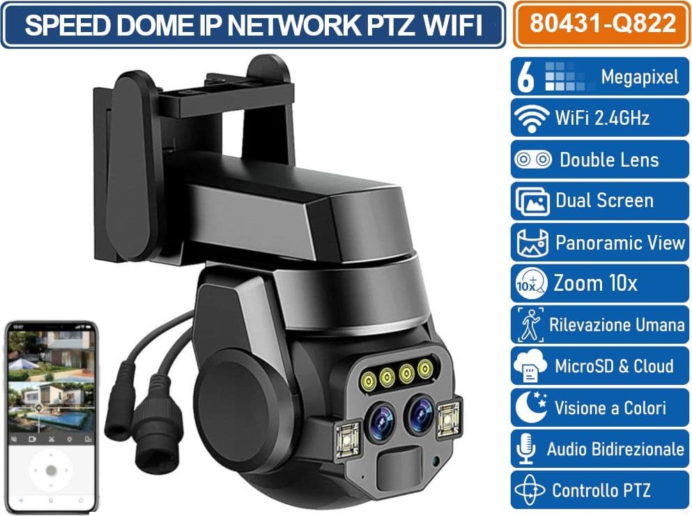 TELECAMERA SPEED DOME ZOOM 10X PTZ WIFI 6 MP DOUBLE LENS AUTOTRACKING RICONOSCIMENTO UMANO AUDIO BIDIREZIONALE COMPATIBILE ONVIF IP66