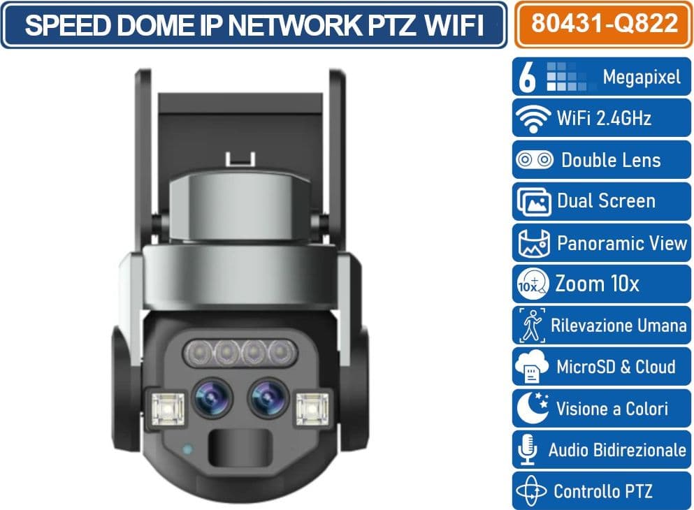 TELECAMERA SPEED DOME ZOOM 10X PTZ WIFI 6 MP DOUBLE LENS AUTOTRACKING RICONOSCIMENTO UMANO AUDIO BIDIREZIONALE COMPATIBILE ONVIF IP66 - 2