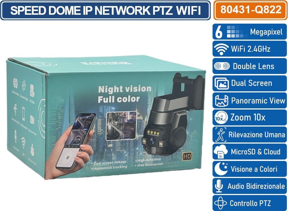 TELECAMERA SPEED DOME ZOOM 10X PTZ WIFI 6 MP DOUBLE LENS AUTOTRACKING RICONOSCIMENTO UMANO AUDIO BIDIREZIONALE COMPATIBILE ONVIF IP66 - 4