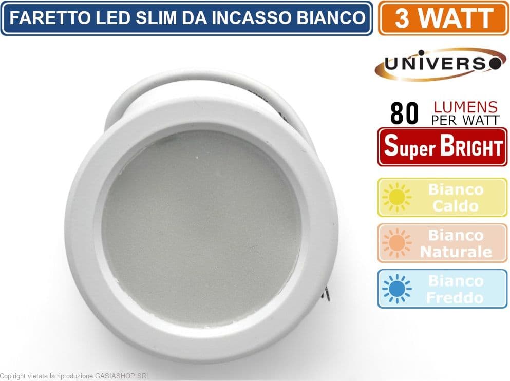 FARETTO LED ROTONDO ULTRA SLIM BIANCO 3W DA INCASSO 240LM BIANCO CALDO NATURALE FREDDO - 3