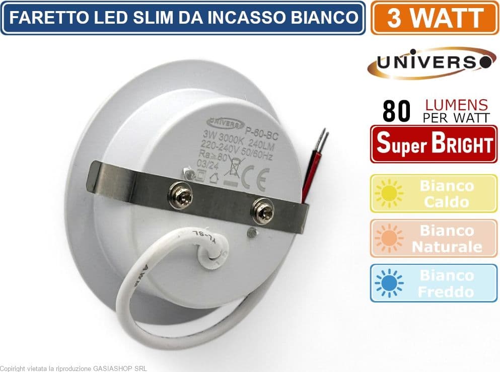 FARETTO LED ROTONDO ULTRA SLIM BIANCO 3W DA INCASSO 240LM BIANCO CALDO NATURALE FREDDO - 4
