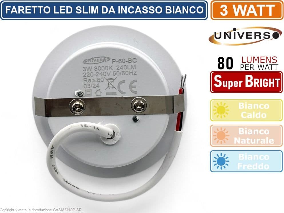 FARETTO LED ROTONDO ULTRA SLIM BIANCO 3W DA INCASSO 240LM BIANCO CALDO NATURALE FREDDO - 5