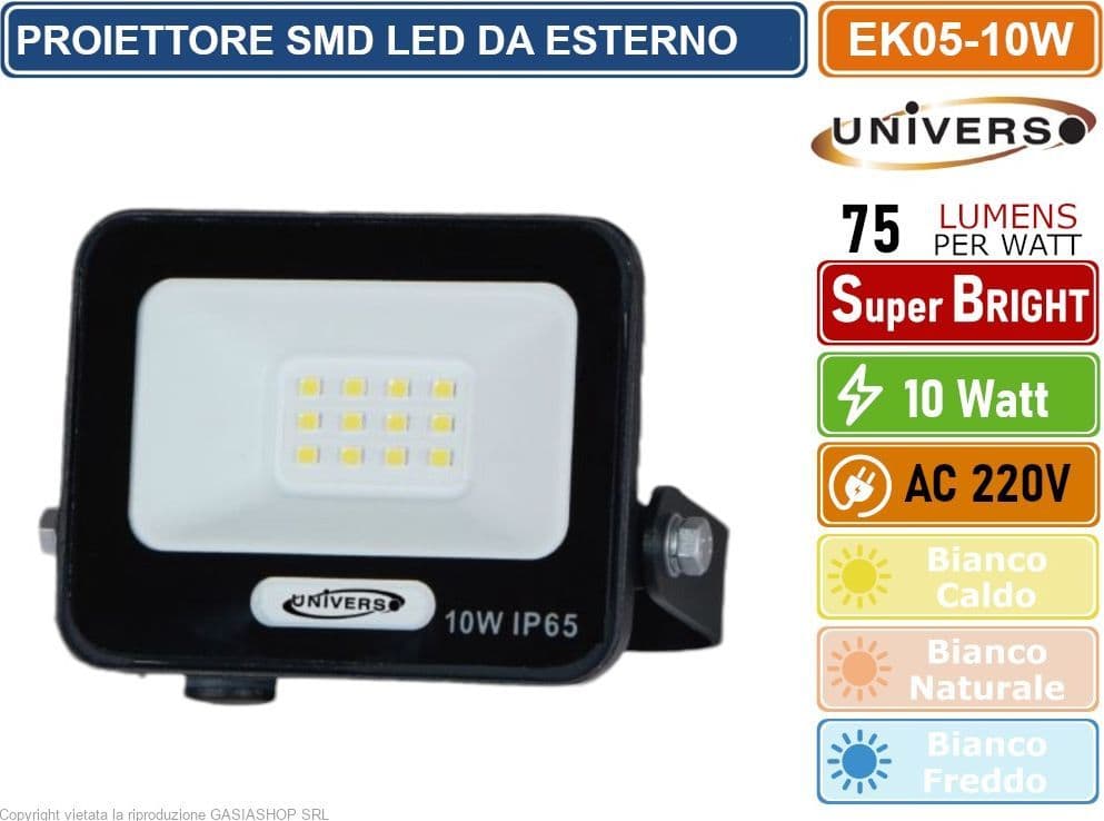 UNIVERSO EK05-10W-N FARO PROIETTORE SMD LED FLOODLIGHT 10W SLIM IP65 COLORE NERO - 3000K 4000K 6500K - 4