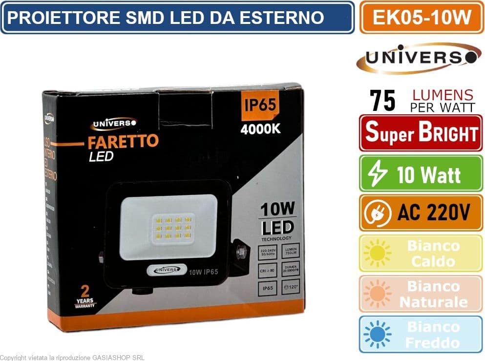 UNIVERSO EK05-10W-N FARO PROIETTORE SMD LED FLOODLIGHT 10W SLIM IP65 COLORE NERO - 3000K 4000K 6500K - 3