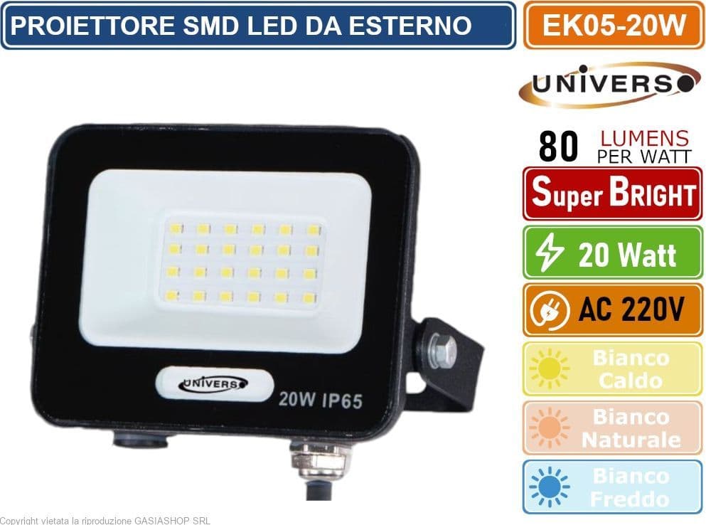 UNIVERSO EK05-20W-N FARO PROIETTORE SMD LED FLOODLIGHT 20W SLIM IP65 COLORE NERO - 3000K 4000K 6500K - 4