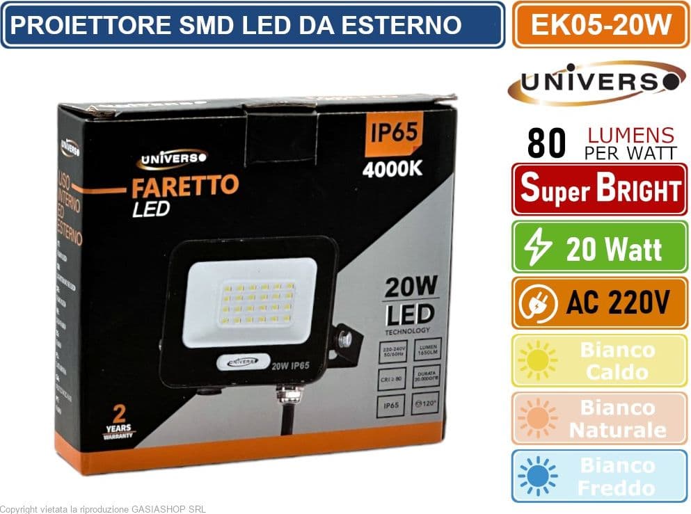 UNIVERSO EK05-20W-N FARO PROIETTORE SMD LED FLOODLIGHT 20W SLIM IP65 COLORE NERO - 3000K 4000K 6500K - 3