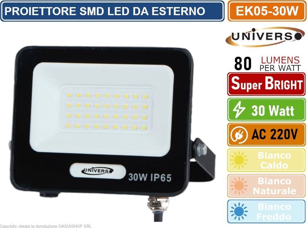 UNIVERSO EK05-30W-N FARO PROIETTORE SMD LED FLOODLIGHT 30W SLIM IP65 COLORE NERO - 3000K 4000K 6500K - 4