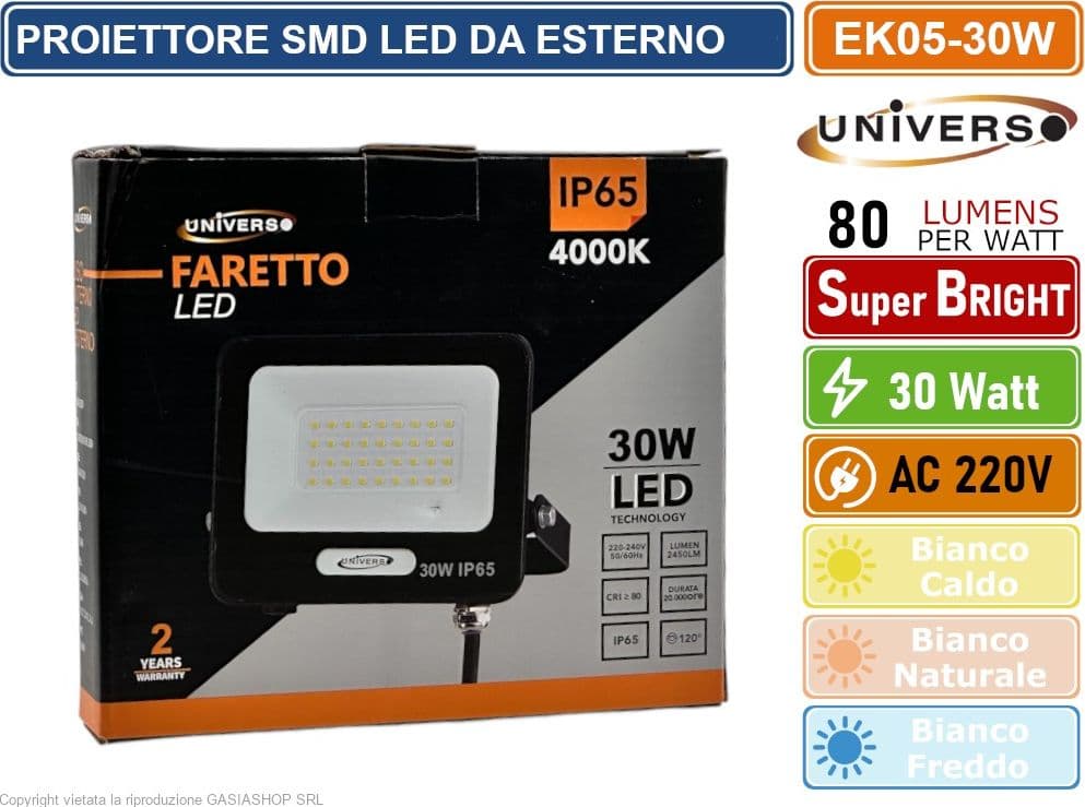UNIVERSO EK05-30W-N FARO PROIETTORE SMD LED FLOODLIGHT 30W SLIM IP65 COLORE NERO - 3000K 4000K 6500K - 3