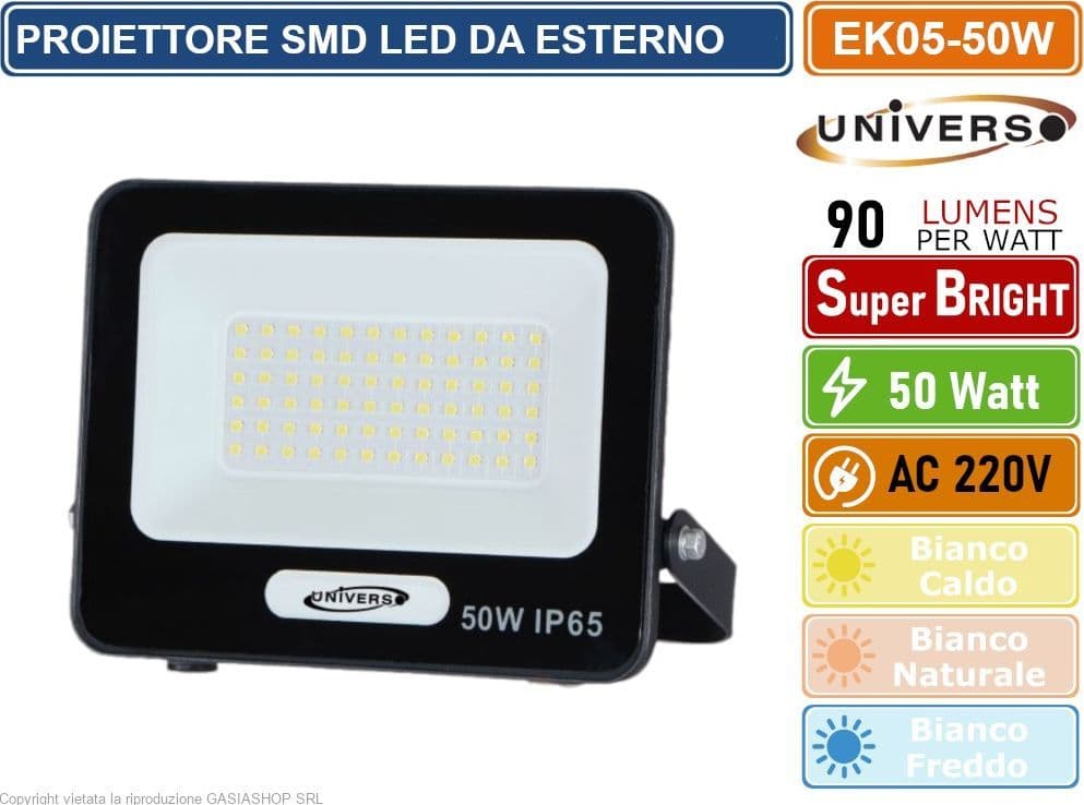 UNIVERSO EK05-50W-N FARO PROIETTORE SMD LED FLOODLIGHT 50W SLIM IP65 COLORE NERO - 3000K 4000K 6500K - 4