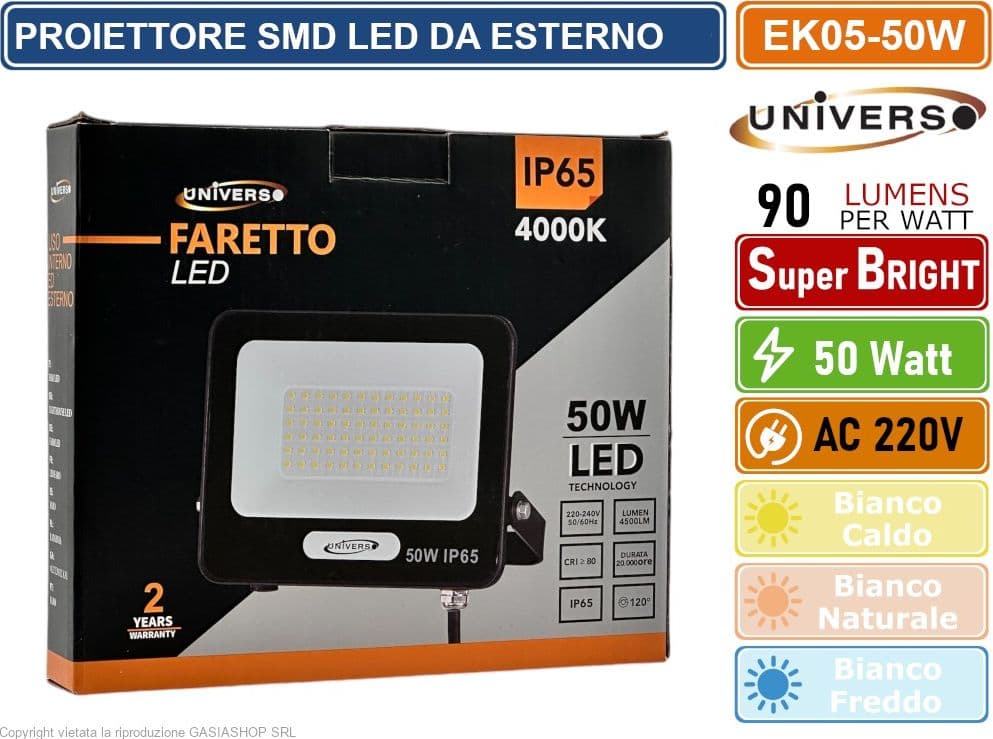 UNIVERSO EK05-50W-N FARO PROIETTORE SMD LED FLOODLIGHT 50W SLIM IP65 COLORE NERO - 3000K 4000K 6500K - 3