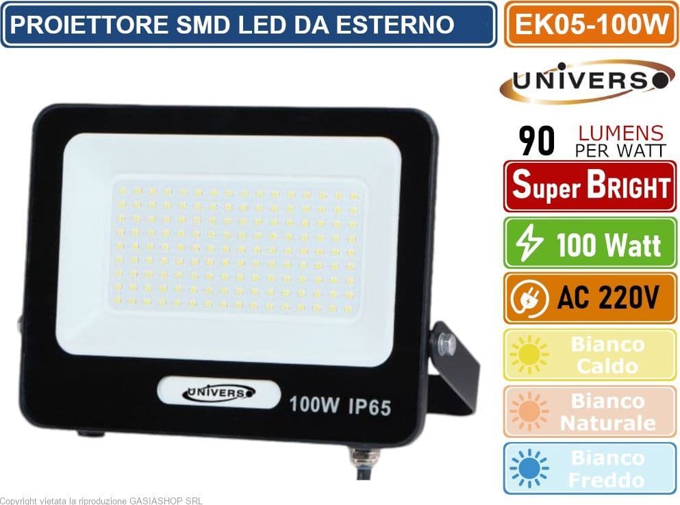 UNIVERSO EK05-100W-N FARO PROIETTORE SMD LED FLOODLIGHT 100W SLIM IP65 COLORE NERO - 3000K 4000K 6500K - 4