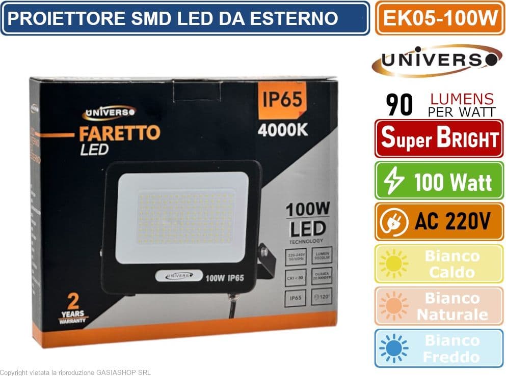 UNIVERSO EK05-100W-N FARO PROIETTORE SMD LED FLOODLIGHT 100W SLIM IP65 COLORE NERO - 3000K 4000K 6500K - 3