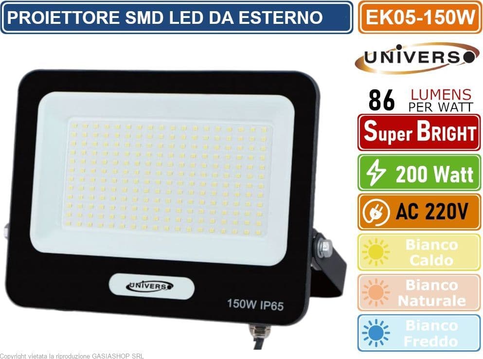 UNIVERSO EK05-150W-N FARO PROIETTORE SMD LED FLOODLIGHT 150W SLIM IP65 COLORE NERO - 3000K 4000K 6500K - 4