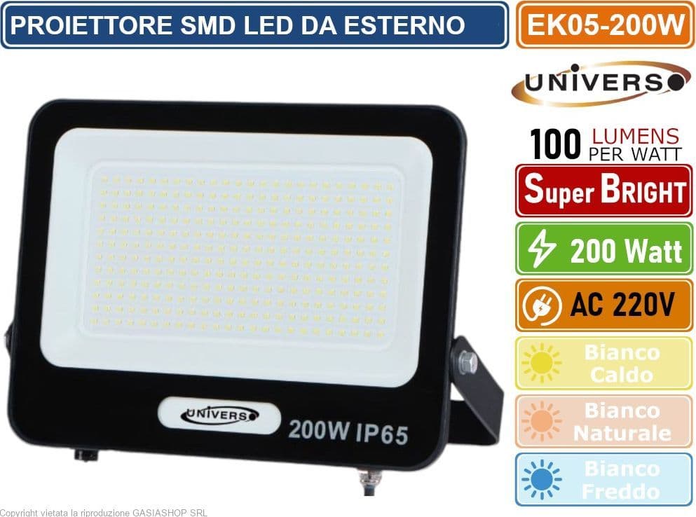UNIVERSO EK05-200W-N FARO PROIETTORE SMD LED FLOODLIGHT 200W SLIM IP65 COLORE NERO - 3000K 4000K 6500K - 3