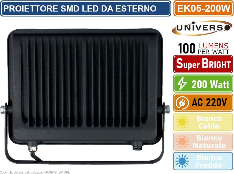 UNIVERSO EK05-200W-N FARO PROIETTORE SMD LED FLOODLIGHT 200W SLIM IP65 COLORE NERO - 3000K 4000K 6500K - 2