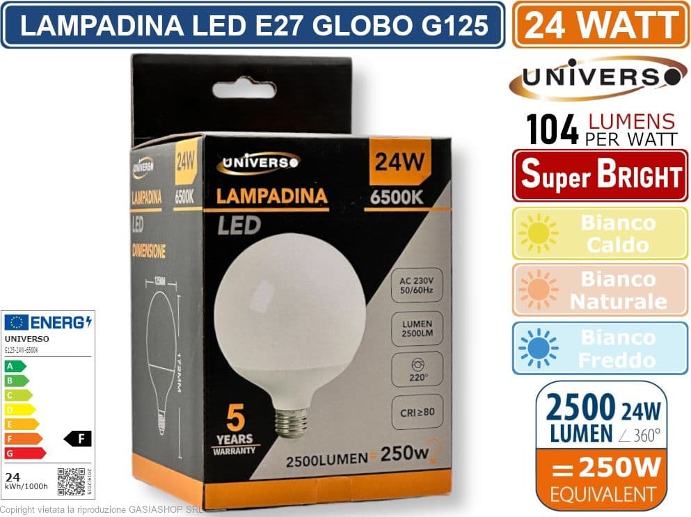 UNIVERSO G125-24W LAMPADINA LED E27 24W GLOBO G125 2500 LUMEN 3000K 4000K 6500K - 2