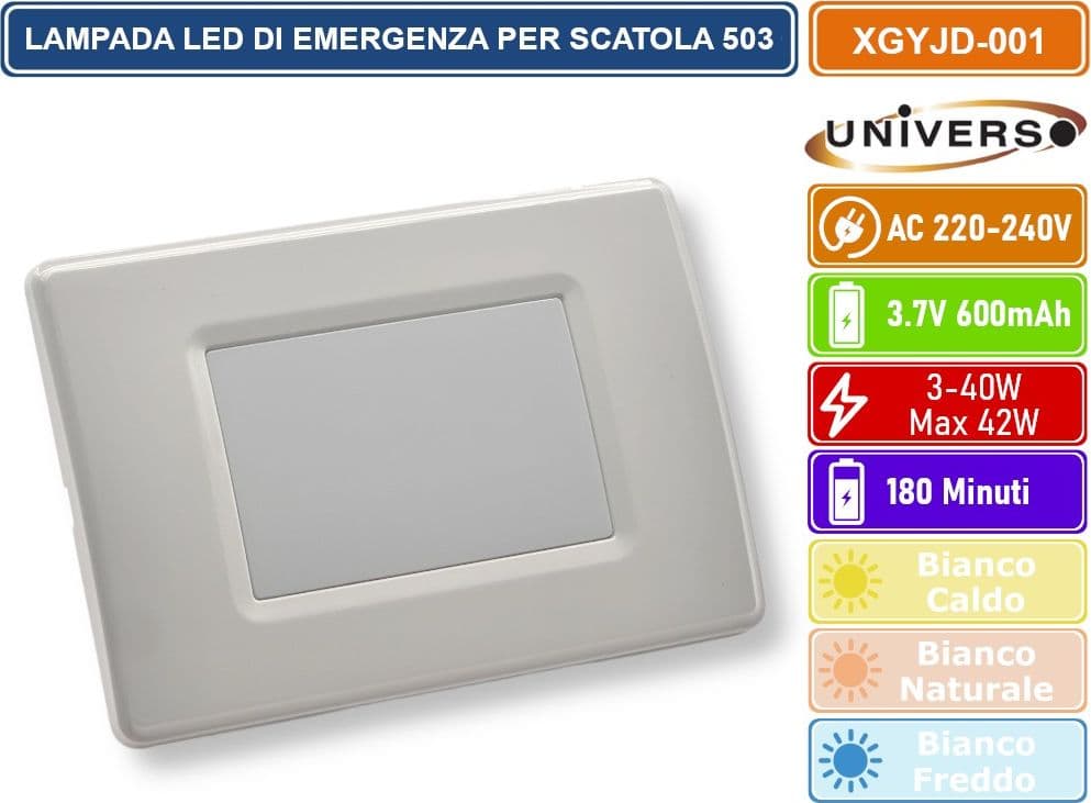 UNIVERSO XGYJD-001 PUNTO LUCE SEGNAPASSO LUCE DI EMERGENZA MONTAGGIO AD INCASSO SCATOLA 503 1.1W DURATA 3 ORE 3000K - 4000K - 6500K