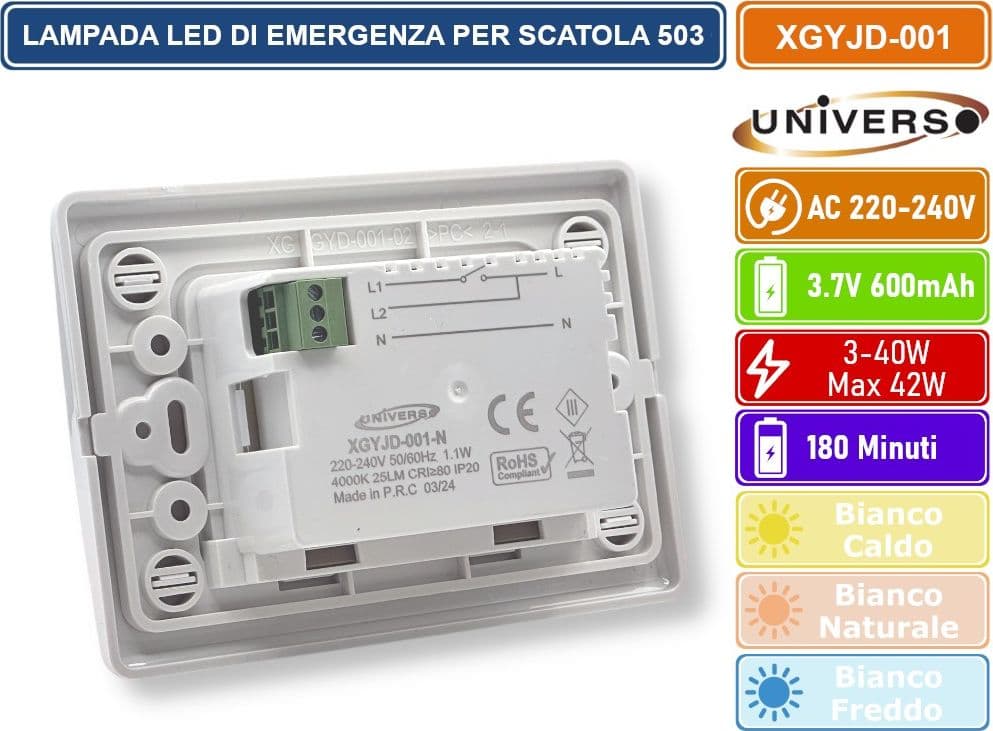 UNIVERSO XGYJD-001 PUNTO LUCE SEGNAPASSO LUCE DI EMERGENZA MONTAGGIO AD INCASSO SCATOLA 503 1.1W DURATA 3 ORE 3000K - 4000K - 6500K - 2