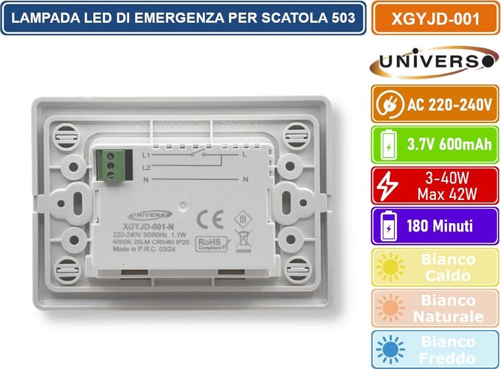 UNIVERSO XGYJD-001 PUNTO LUCE SEGNAPASSO LUCE DI EMERGENZA MONTAGGIO AD INCASSO SCATOLA 503 1.1W DURATA 3 ORE 3000K - 4000K - 6500K - 3