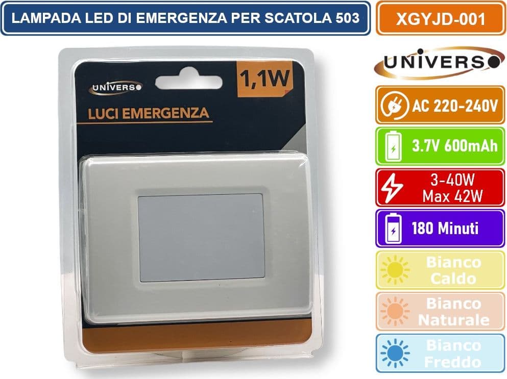 UNIVERSO XGYJD-001 PUNTO LUCE SEGNAPASSO LUCE DI EMERGENZA MONTAGGIO AD INCASSO SCATOLA 503 1.1W DURATA 3 ORE 3000K - 4000K - 6500K - 4