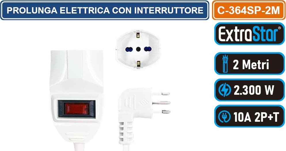 CAVO PROLUNGA  BIANCO 2 METRI CON INTERRUTTORE E PROTEZIONE DA SOVRATENSIONE 2300W SPINA ANGOLARE 10A 2P+T PRESA BIPASSO+SHUKO - 2