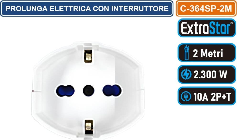 CAVO PROLUNGA  BIANCO 2 METRI CON INTERRUTTORE E PROTEZIONE DA SOVRATENSIONE 2300W SPINA ANGOLARE 10A 2P+T PRESA BIPASSO+SHUKO - 3