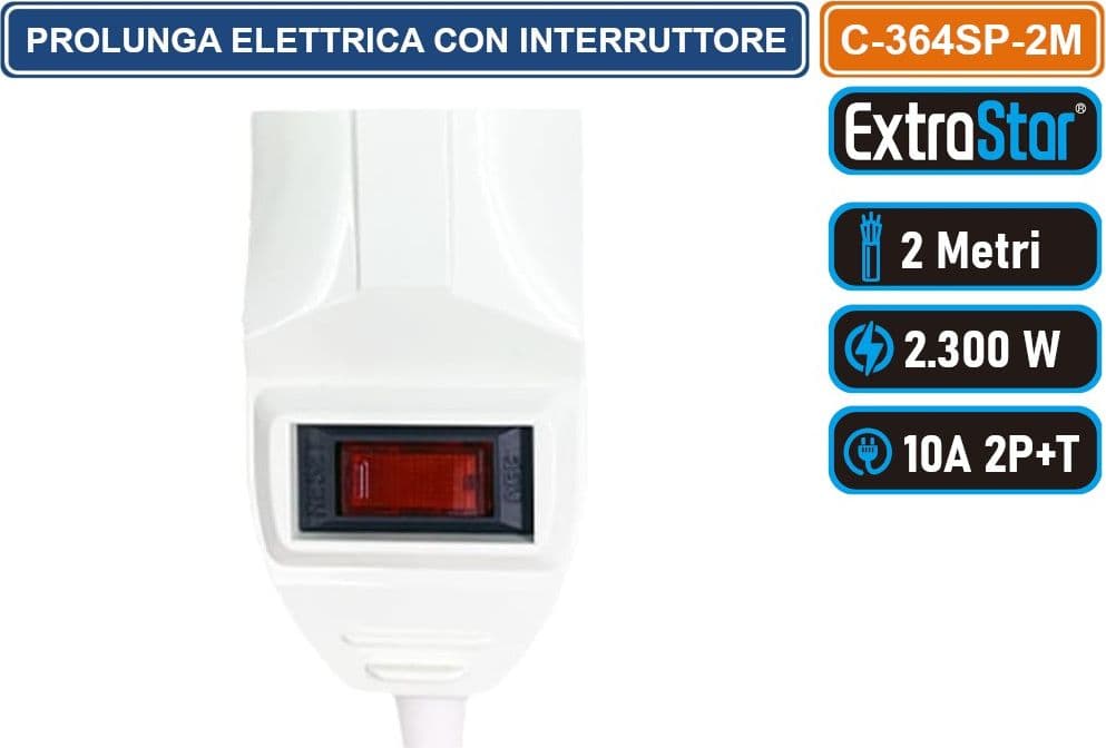 CAVO PROLUNGA  BIANCO 2 METRI CON INTERRUTTORE E PROTEZIONE DA SOVRATENSIONE 2300W SPINA ANGOLARE 10A 2P+T PRESA BIPASSO+SHUKO - 4