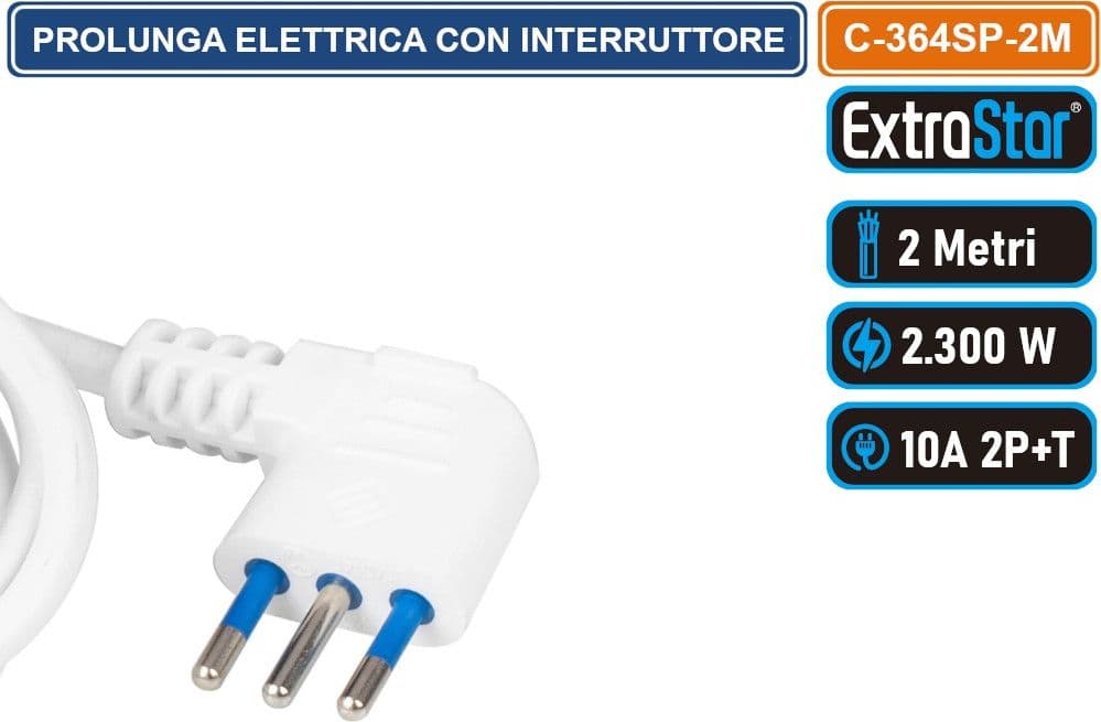 CAVO PROLUNGA  BIANCO 2 METRI CON INTERRUTTORE E PROTEZIONE DA SOVRATENSIONE 2300W SPINA ANGOLARE 10A 2P+T PRESA BIPASSO+SHUKO - 5