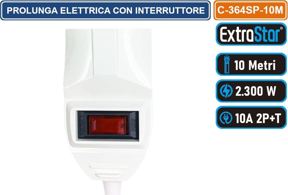 CAVO PROLUNGA 10 METRI  BIANCO CON INTERRUTTORE E PROTEZIONE DA SOVRATENSIONE 2300W SPINA ANGOLARE 10A 2P+T PRESA BIPASSO+SHUKO - 3