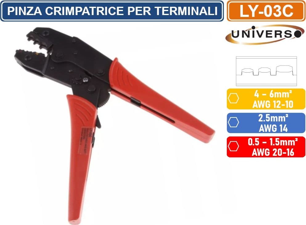 PINZA CRIMPATRICE PER  CAPICORDA ISOLATI E NON DA 0.5 A 6mm²  CAVI DA 20-10 AWG - 2
