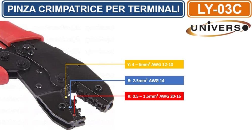 PINZA CRIMPATRICE PER  CAPICORDA ISOLATI E NON DA 0.5 A 6mm²  CAVI DA 20-10 AWG - 3